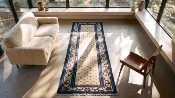 Antique peking hallway runner wool - blue navy, ivory beige cream white (sku 24681) - styled overhead view