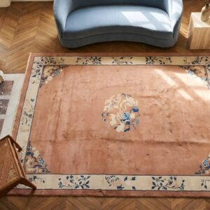 Antique Peking Hallway Runner Wool Coral Rug (SKU 22890) - styled overhead view