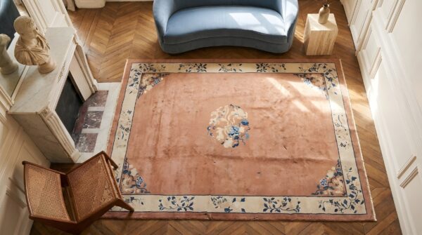 Antique peking hallway runner wool coral rug 2 Antique peking hallway runner wool coral rug (sku 22890) - styled overhead view