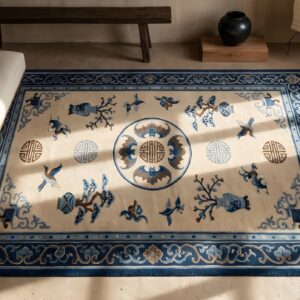 Antique Peking Hallway Runner Wool Ivory Rug (SKU 22887) - styled overhead view