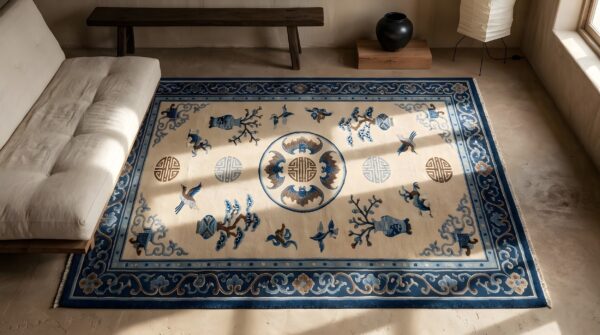 Antique peking hallway runner wool ivory rug 2 Antique peking hallway runner wool ivory rug (sku 22887) - styled overhead view