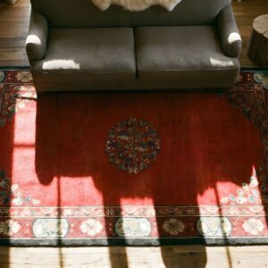 Antique Peking Hallway Runner Wool Red Rug (SKU 24604) - styled overhead view