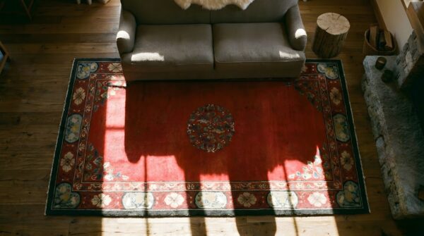 Antique peking hallway runner wool red rug 2 Antique peking hallway runner wool red rug (sku 24604) - styled overhead view