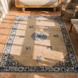 Antique Peking Hallway Runner Wool Sand Rug (SKU 22929) - styled overhead view
