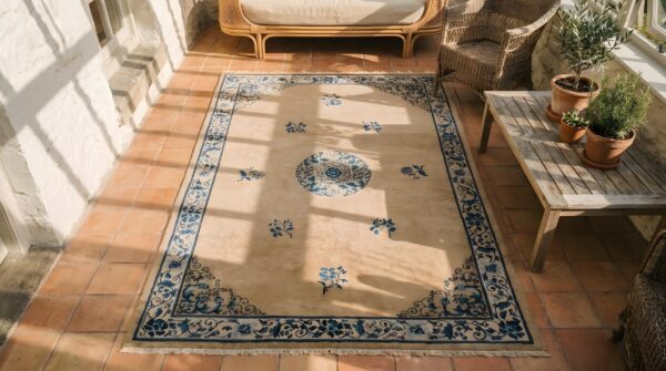 Antique peking hallway runner wool sand rug 2 Antique peking hallway runner wool sand rug (sku 22929) - styled overhead view