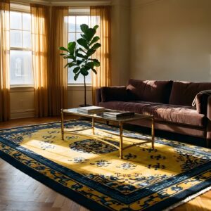 Antique Peking Hallway Runner Wool Yellow Rug (SKU 24021) - styled overhead view
