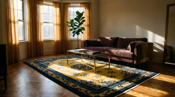 Antique peking hallway runner wool yellow rug 2 Antique peking hallway runner wool yellow rug (sku 24021) - styled overhead view