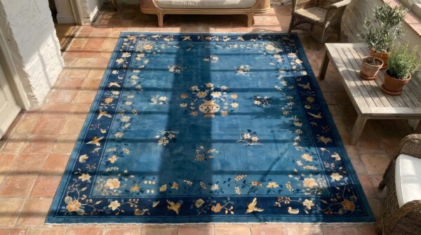 Antique peking large room size wool blue rug (sku 22833) - styled overhead view