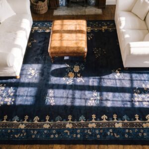 Antique Peking Large Room Size Wool Blue Navy Rug (SKU 24318) - styled overhead view