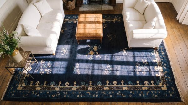 Antique peking large room size wool blue navy rug (sku 24318) - styled overhead view
