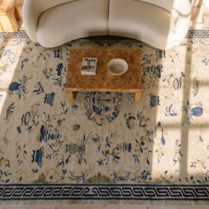 Antique Peking Large Room Size Wool Ivory Rug (SKU 24421) - styled overhead view