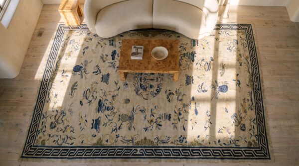 Antique peking large room size wool ivory rug 2 Antique peking large room size wool ivory rug (sku 24421) - styled overhead view