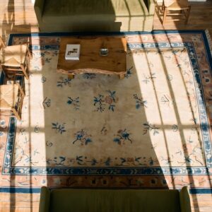 Antique Peking Room Size Wool Beige Rug (SKU 22930) - styled overhead view