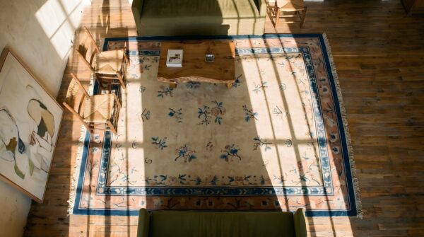 Antique peking room size wool beige rug 2 Antique peking room size wool beige rug (sku 22930) - styled overhead view