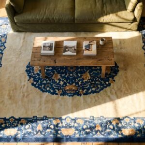 Antique Peking Room Size Wool Beige, Blue Rug (SKU 24572) - styled overhead view
