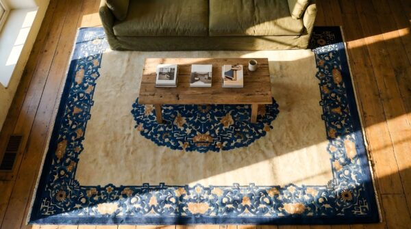Antique peking room size wool beige, blue rug 2 Antique peking room size wool beige, blue rug (sku 24572) - styled overhead view