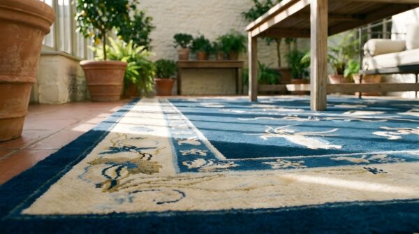 Antique peking room size wool beige, navy rug (sku 23853) - in-room detail