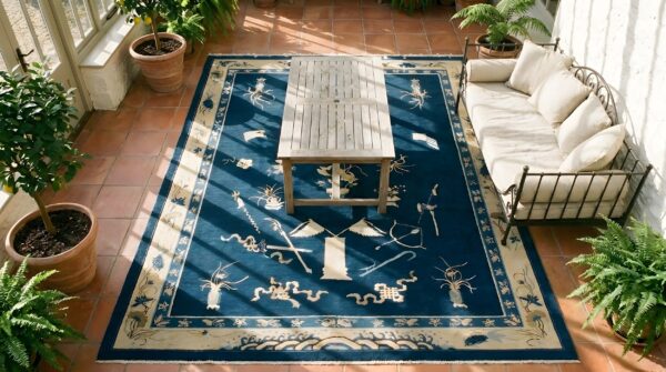 Antique peking room size wool beige, navy rug (sku 23853) - styled overhead view