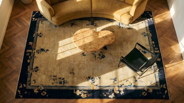 Antique peking room size wool black, ivory beige cream white rug 2 Antique peking room size wool black, ivory beige cream white rug (sku 24640) - styled overhead view