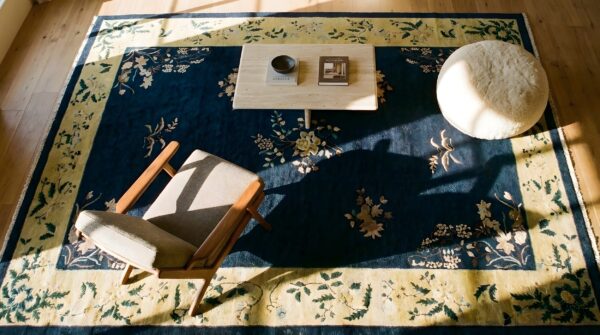 Antique peking room size wool blue rug 2 Antique peking room size wool blue rug (sku 24764) - styled overhead view