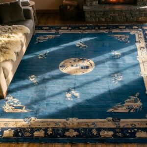 Antique Peking Room Size Wool Pile Blue Chinese Rug (SKU 23677) - styled overhead view