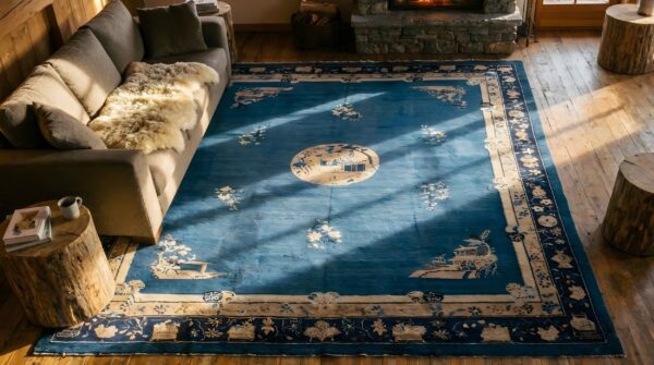 Antique peking room size wool pile blue chinese rug 2 Antique peking room size wool pile blue chinese rug (sku 23677) - styled overhead view