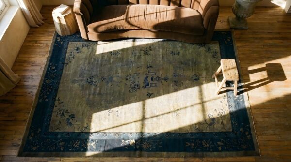Antique peking room size wool blue, gray rug 2 Antique peking room size wool blue, gray rug (sku 24476) - styled overhead view