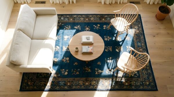 Antique peking room size wool blue navy, brown rug 2 Antique peking room size wool blue navy, brown rug (sku 24732) - styled overhead view