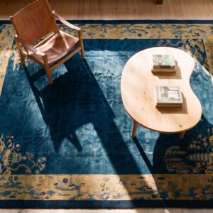 Antique Peking Room Size Wool Blue Navy, Camel Rug (SKU 24704) - styled overhead view