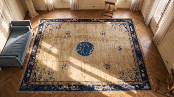 Antique peking room size wool blue navy, ivory rug (sku 24445) - styled overhead view