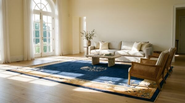 Antique peking room size wool blue navy, yellow / gold / orange rug (sku 24322) - room view