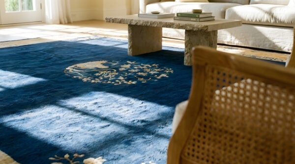 Antique peking room size wool blue navy, yellow / gold / orange rug (sku 24322) - in-room detail