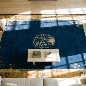 Antique Peking Room Size Wool Blue Navy, Yellow / Gold / Orange Rug (SKU 24322) - styled overhead view
