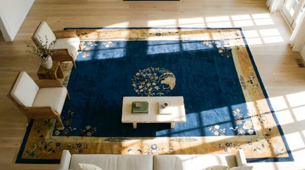 Antique peking room size wool blue navy, yellow / gold / orange rug (sku 24322) - styled overhead view