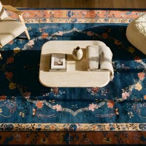 Antique Peking Room Size Wool Blue Red Rug (SKU 24558) - styled overhead view
