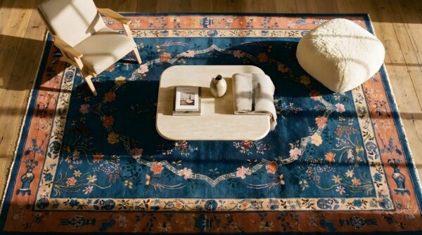 Antique peking room size wool blue red rug (sku 24558) - styled overhead view