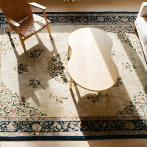 Antique Peking Room Size Wool Brown Earth Tone Rug (SKU 24559) - styled overhead view