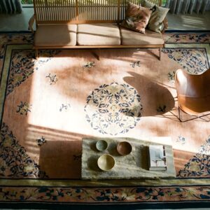 Antique Peking Room Size Wool Coral Rug (SKU 23791) - styled overhead view