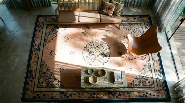 Antique peking room size wool coral rug 2 Antique peking room size wool coral rug (sku 23791) - styled overhead view