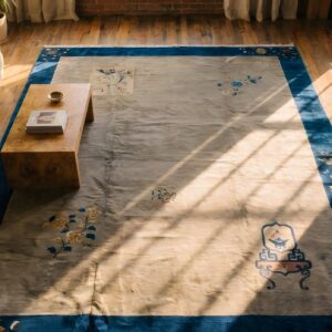 Antique Peking Room Size Wool Grey Rug (SKU 22914) - styled overhead view