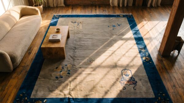 Antique peking room size wool grey rug (sku 22914) - styled overhead view