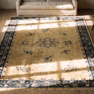 Antique Peking Room Size Wool Ivory Rug (SKU 24168) - styled overhead view