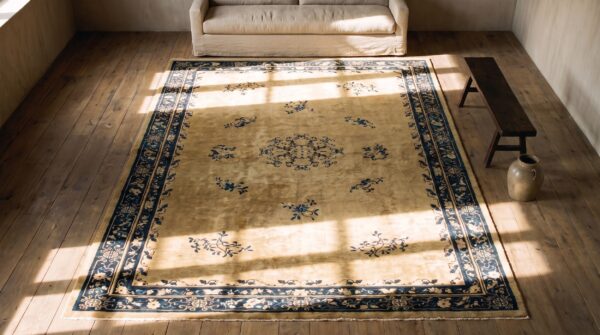 Antique peking room size wool ivory rug 2 Antique peking room size wool ivory rug (sku 24168) - styled overhead view