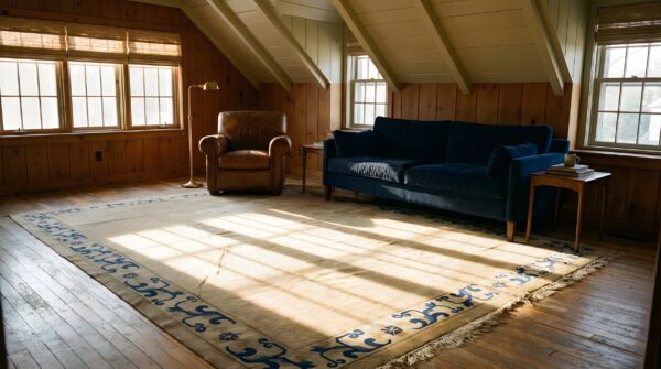 Antique peking room size wool ivory beige cream white rug (sku 24335) - styled overhead view