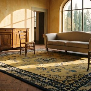 Antique Peking Room Size Wool Sand, Yellow Rug (SKU 23989) - styled overhead view
