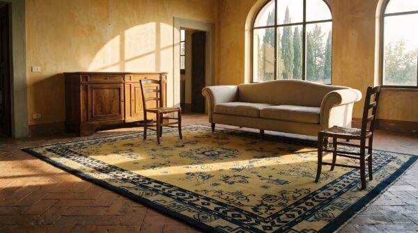 Antique peking room size wool sand, yellow rug (sku 23989) - styled overhead view