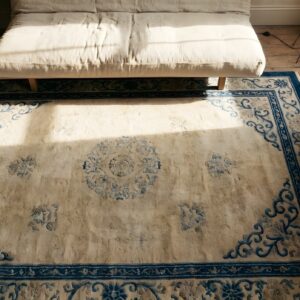 Antique Peking Small Oval Scatter Size Wool Beige, Black Rug (SKU 24718) - styled overhead view