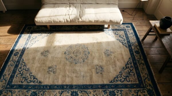 Antique peking small oval scatter size wool beige, black rug 2 Antique peking small oval scatter size wool beige, black rug (sku 24718) - styled overhead view