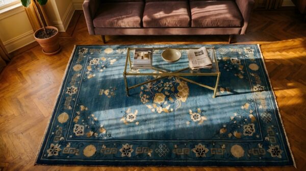 Antique peking small scatter size wool blue rug 2 Antique peking small scatter size wool blue rug (sku 24761) - styled overhead view