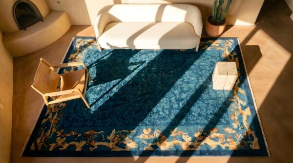 Antique peking small scatter size wool blue, green rug 2 Antique peking small scatter size wool blue, green rug (sku 24580) - styled overhead view